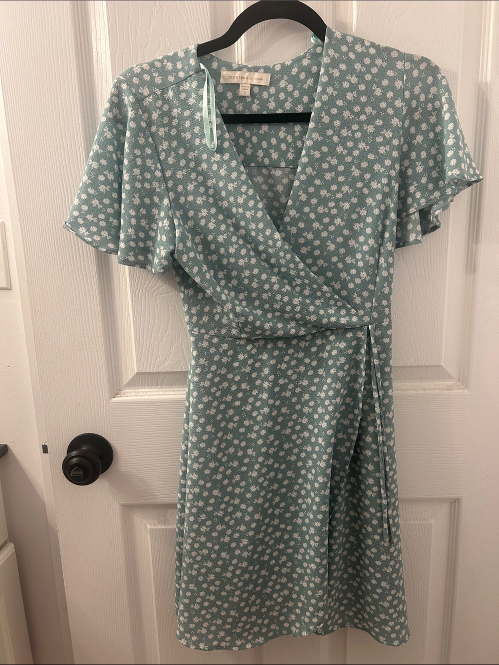Light sage green Floral Wrap Mini Dress with Tie Waist